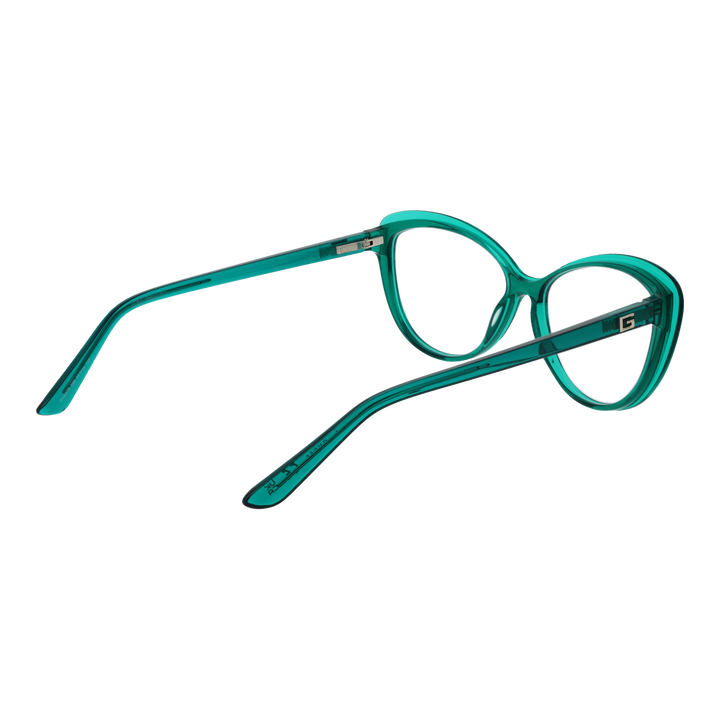 Transparent green plastic cat-eye eyeglasses with metallic logo on temples, retro shape for Women, lightweight frame