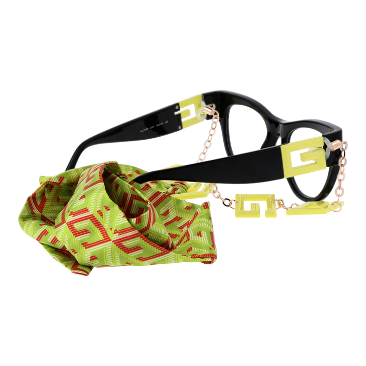 Black cat-eye eyeglasses with yellow, green, red patterned strap and attached metal chain for Women