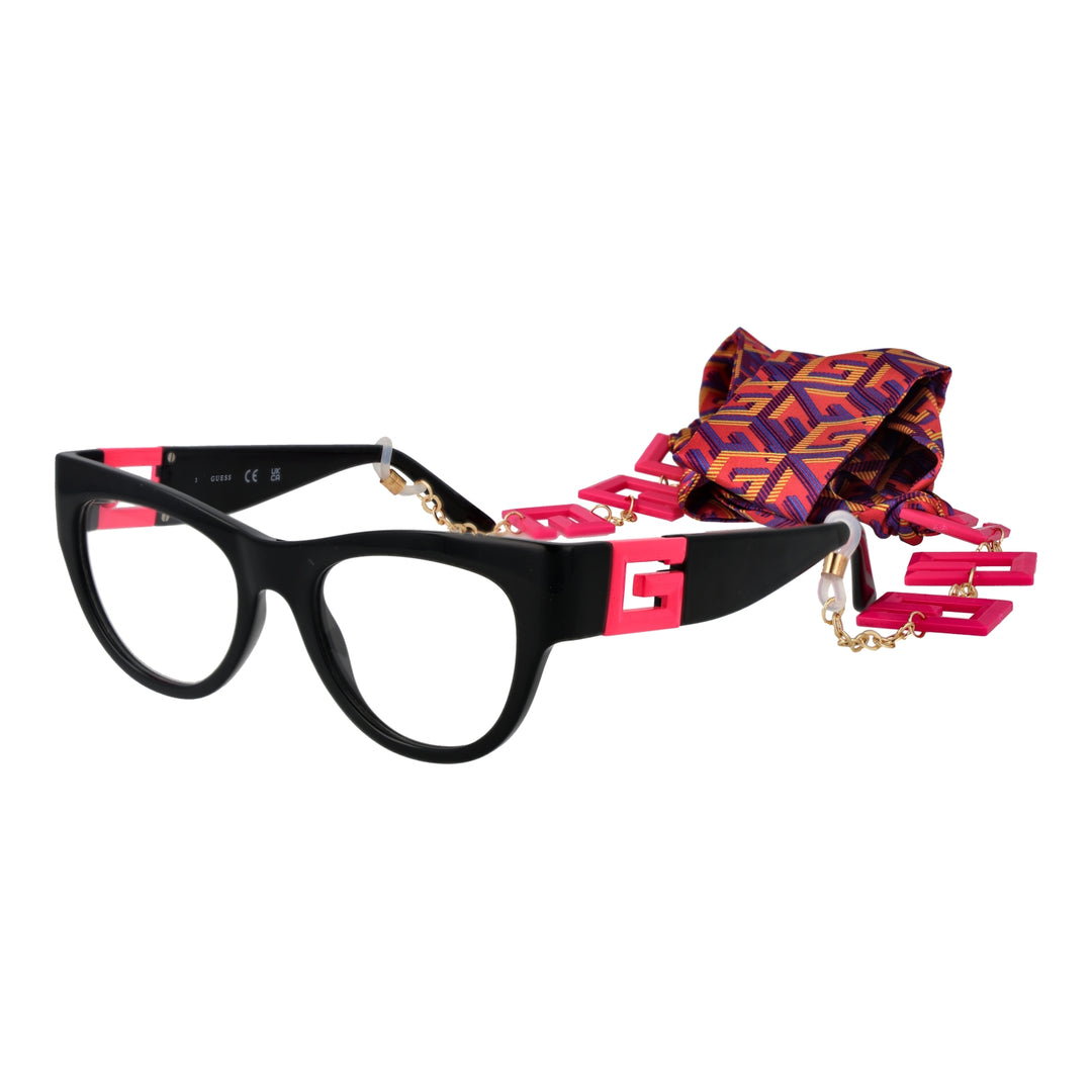 Black cat-eye eyeglasses with patterned fabric scarf and metal chain featuring pink letter charms