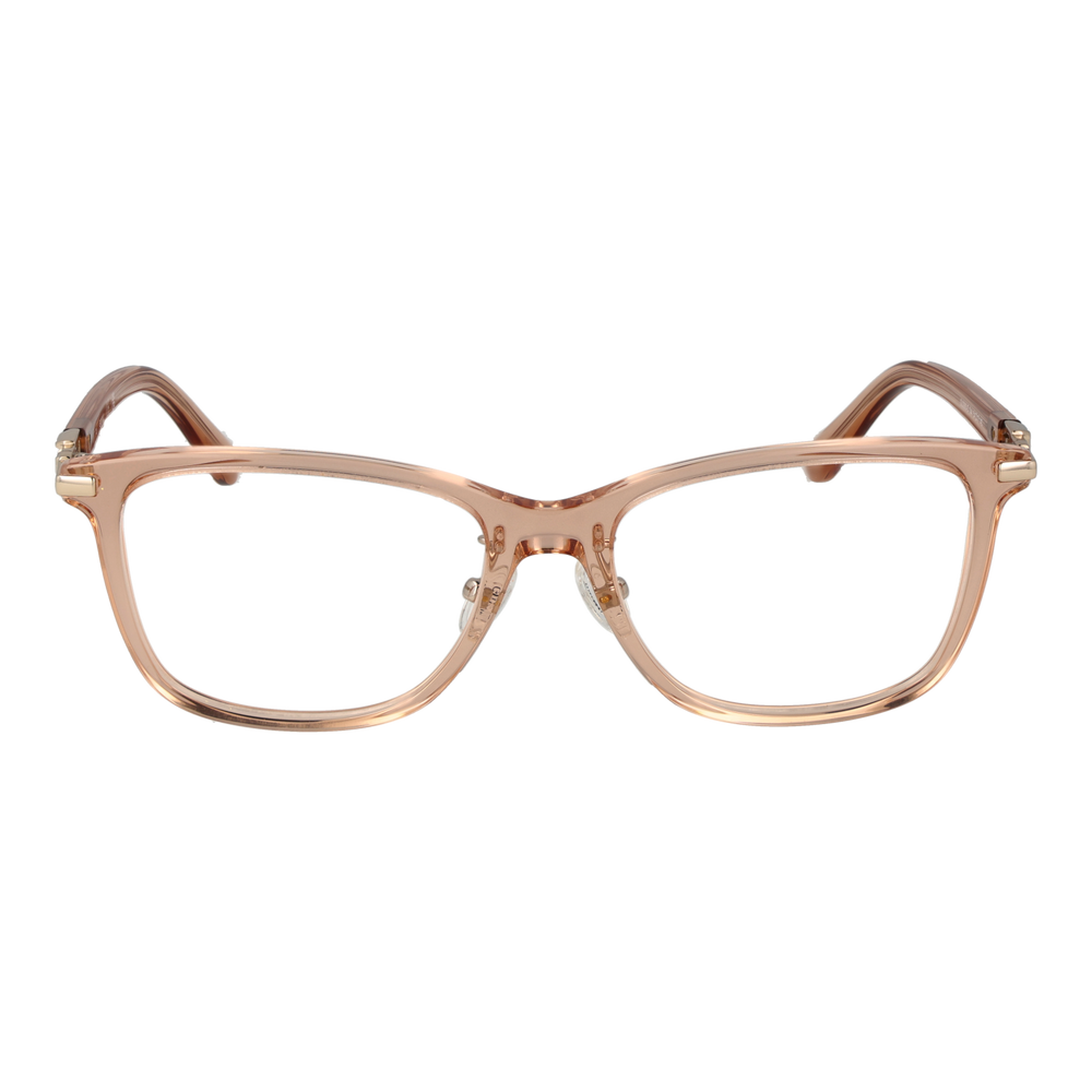 Light brown transparent rectangular eyeglasses in plastic and metal with adjustable nose pads on neutral background