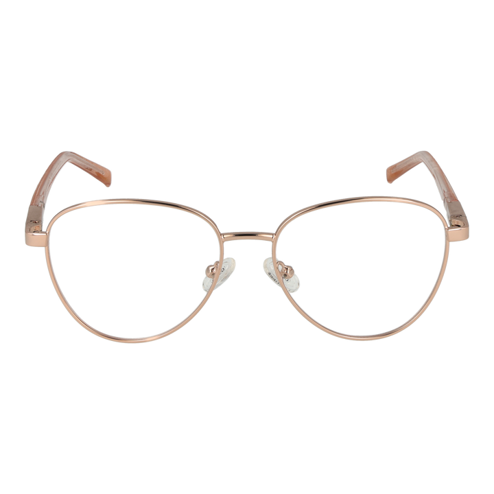 Rose gold round metal eyeglasses with thin rims and transparent temple tips on white background