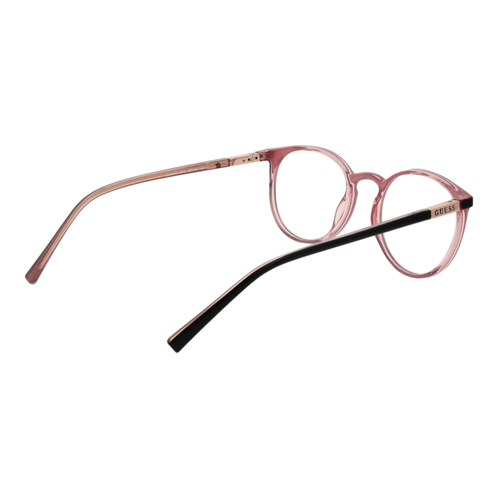 Black and brown plastic round eyeglasses with thin frame and transparent inner rim shown front view