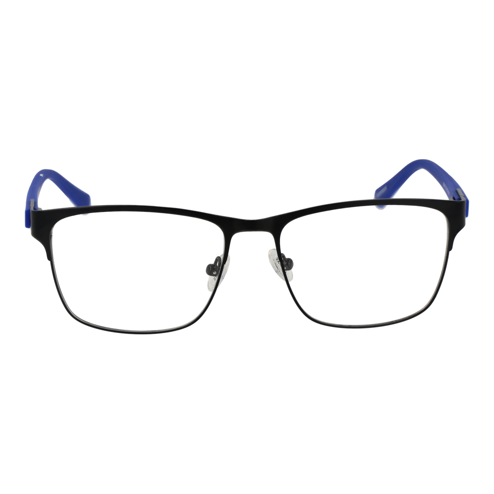 Unisex black and blue rectangular full-rim eyeglasses with thin metal frame and nose pads on white background