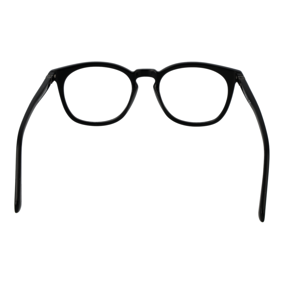 Unisex black full-rim rectangular eyeglasses in plastic with nose pads shown front-facing on neutral background