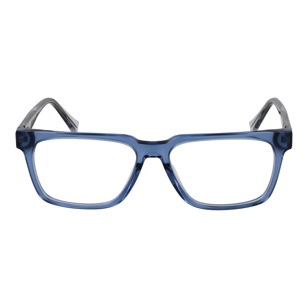 Unisex transparent blue-gray full-rim rectangular eyeglasses with decorative temple arms against neutral background