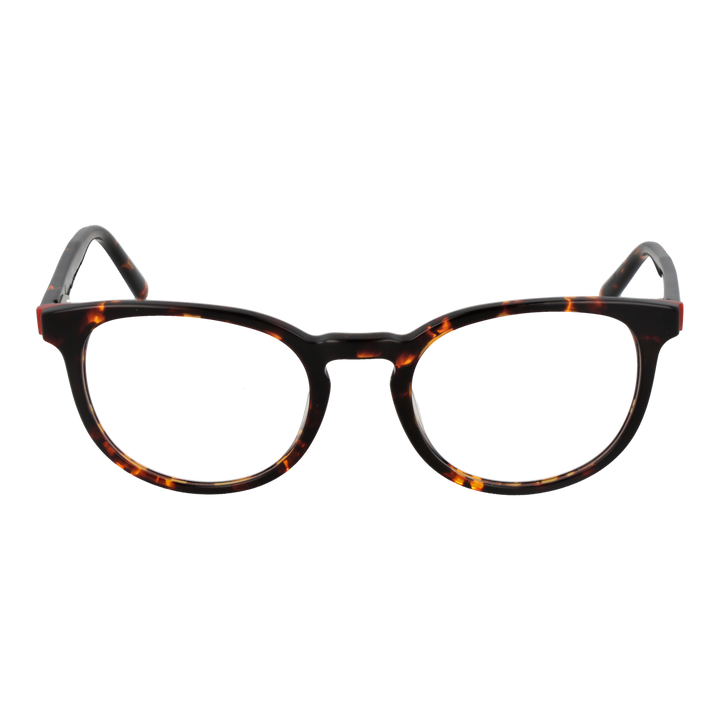 Unisex tortoise shell full-rim rectangular eyeglasses with gold logo on temples, brown and amber pattern