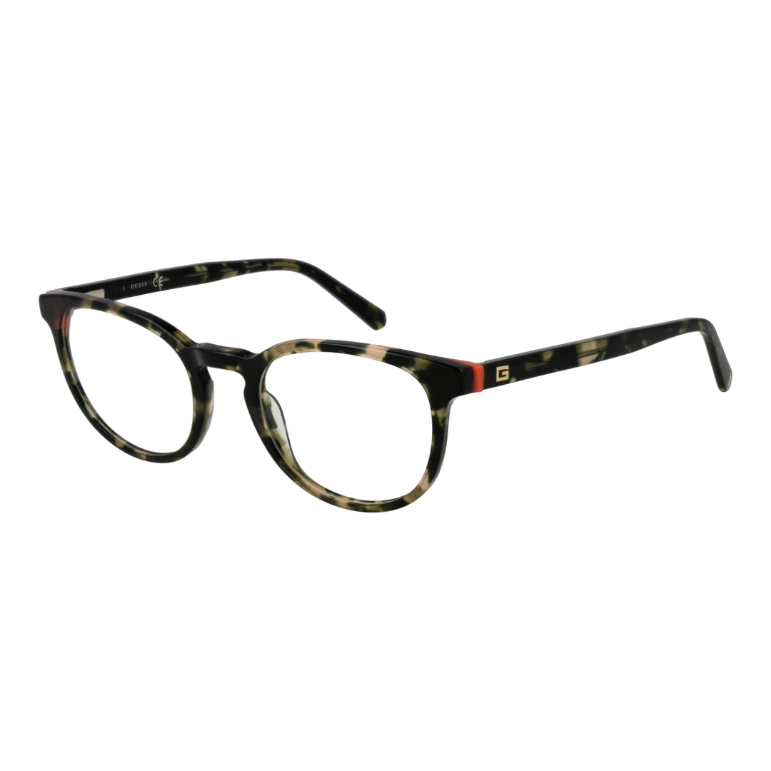 Unisex tortoise shell full-rim rectangular eyeglasses in black, beige, and red with 'G' logo on temple