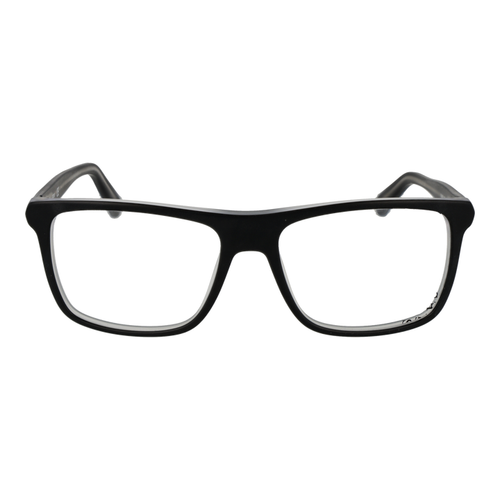 Black full-rim rectangular eyeglasses in modern plastic frame shown front-on and slightly angled