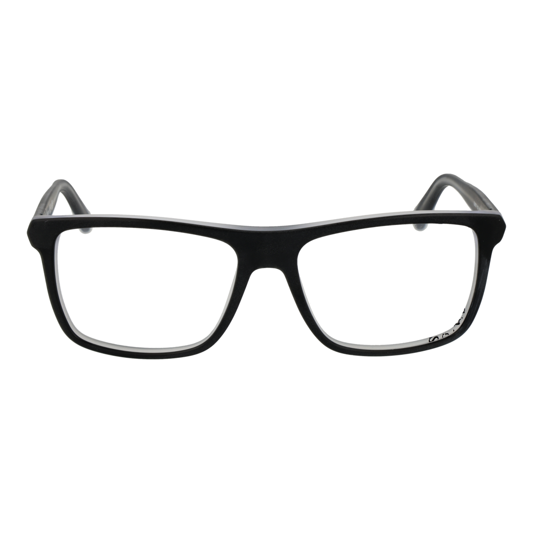 Black full-rim plastic eyeglasses with rectangular lenses, modern Unisex design on neutral background