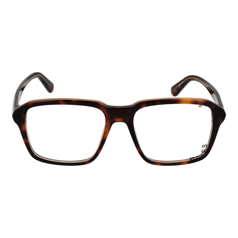 Unisex tortoiseshell rectangular full-rim eyeglasses in warm brown tones on neutral background, three-quarter view.
