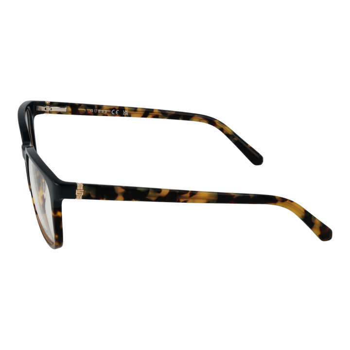 Black and tortoiseshell brown square eyeglasses in plastic with clear lenses and gold temple accents, front and side view.