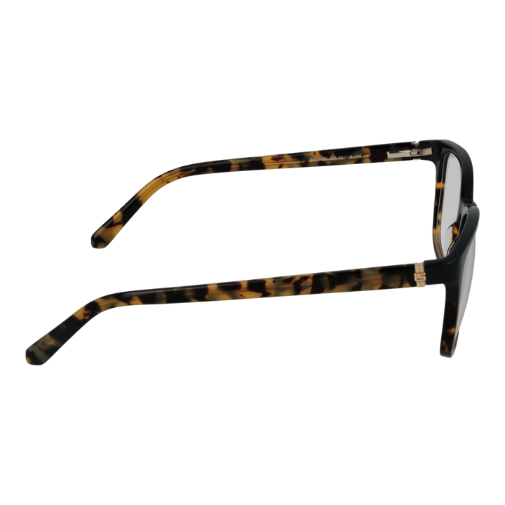 Black and tortoiseshell brown square eyeglasses in plastic with clear lenses and gold temple accents, front and side view.