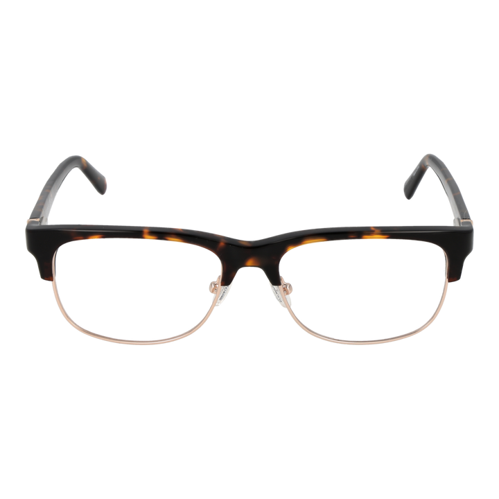 Unisex tortoise-pattern semi-rimless eyeglasses with gold metal temples and rectangular lenses on white background