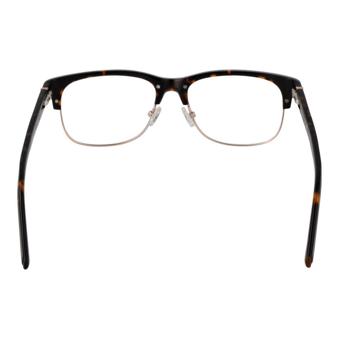 Unisex tortoise-pattern semi-rimless eyeglasses with gold metal temples and rectangular lenses on white background