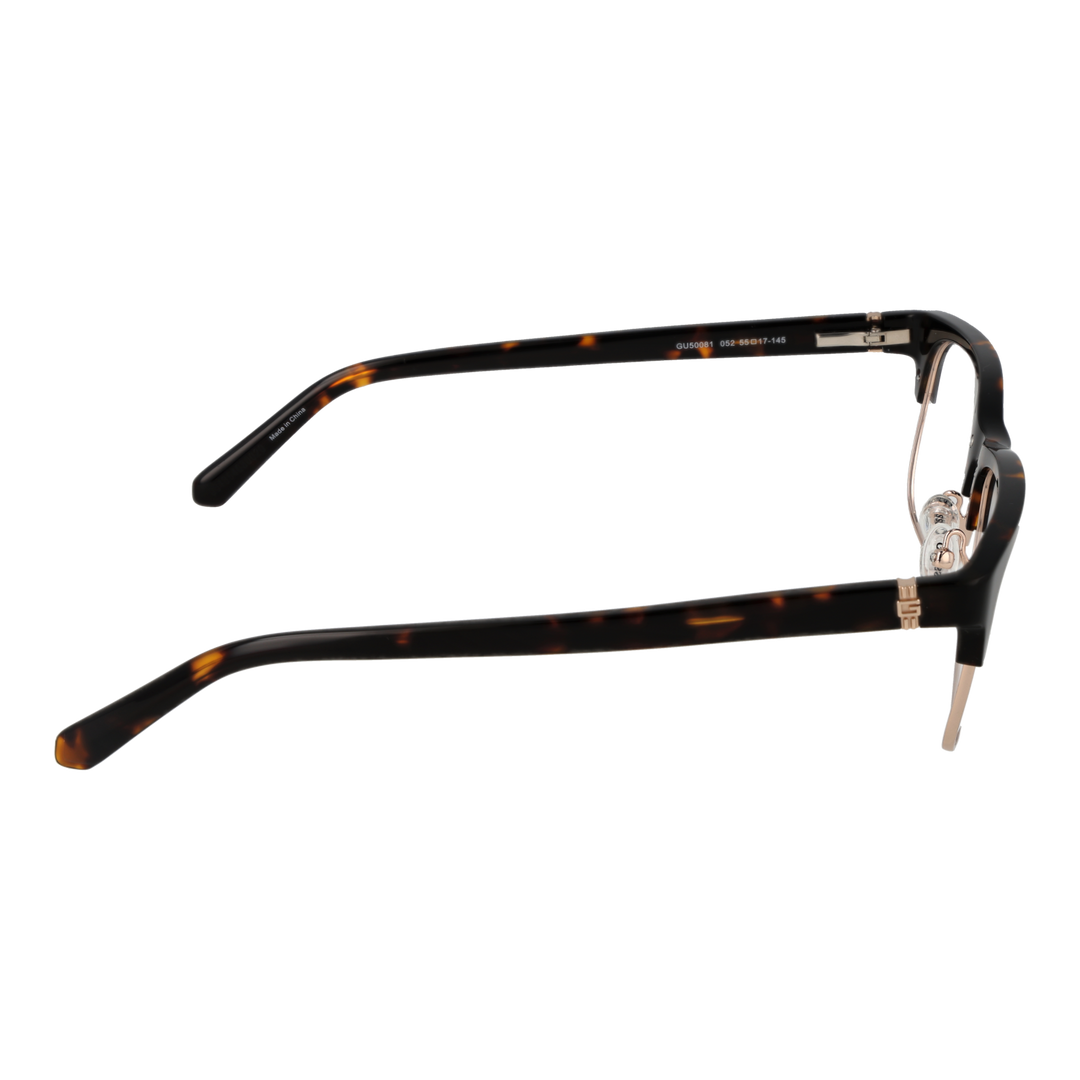 Unisex tortoise-pattern semi-rimless eyeglasses with gold metal temples and rectangular lenses on white background