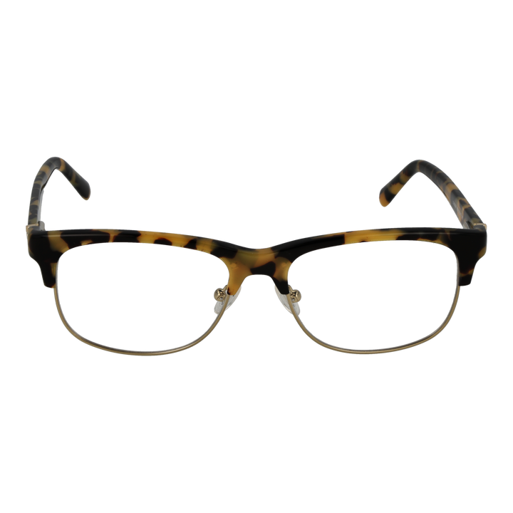 Unisex tortoise-pattern semi-rimless eyeglasses with plastic upper and metal lower rims, adjustable nose pads