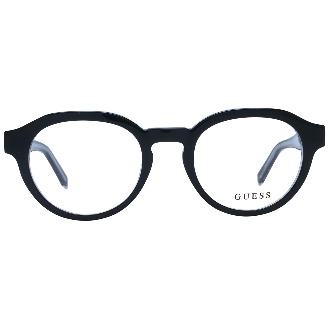 Unisex black round eyeglasses in plastic frame with clear inner edges and metal temple logo, front three-quarter view