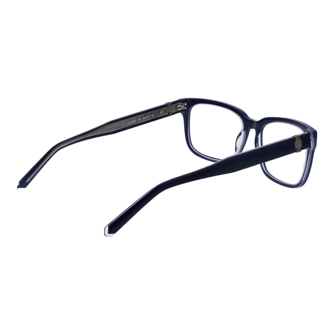 Dark blue full-rim rectangular eyeglasses in plastic with metal logo on temples, Unisex modern design