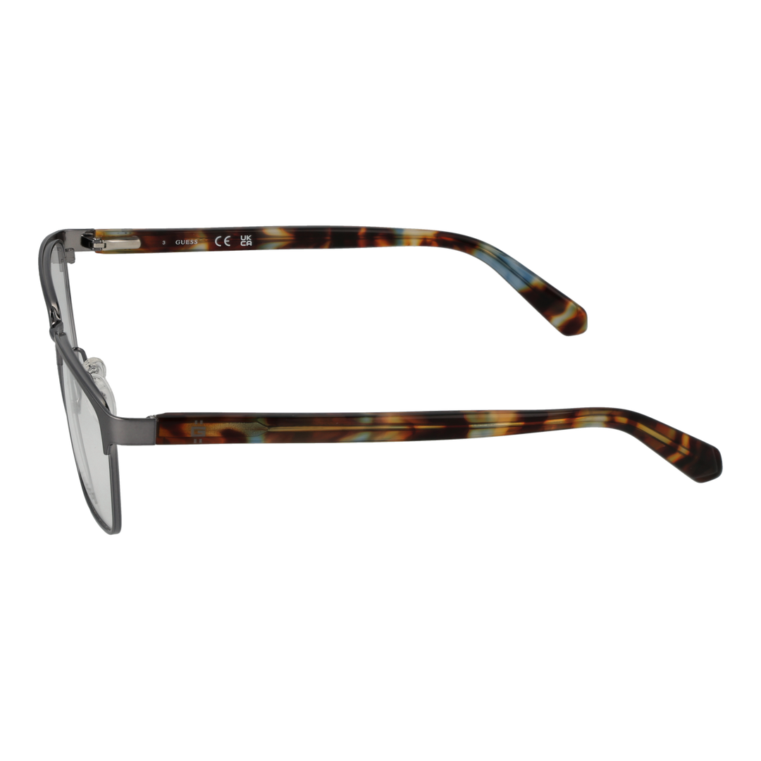Unisex semi-rimless eyeglasses in gunmetal front with tortoiseshell patterned plastic temples, rectangular lenses, nose pads