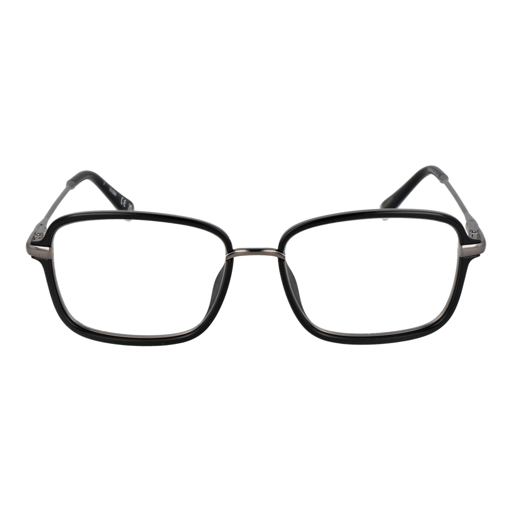Unisex black and metallic gray rectangular eyeglasses with thin metal temples and plastic temple tips