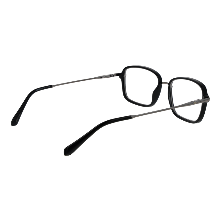Unisex black and metallic gray rectangular eyeglasses with thin metal temples and plastic temple tips