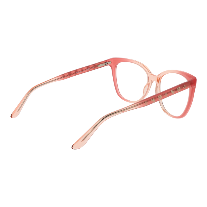 Pink gradient cat-eye eyeglasses in plastic with gold decorative temple symbols, shown three-quarter view