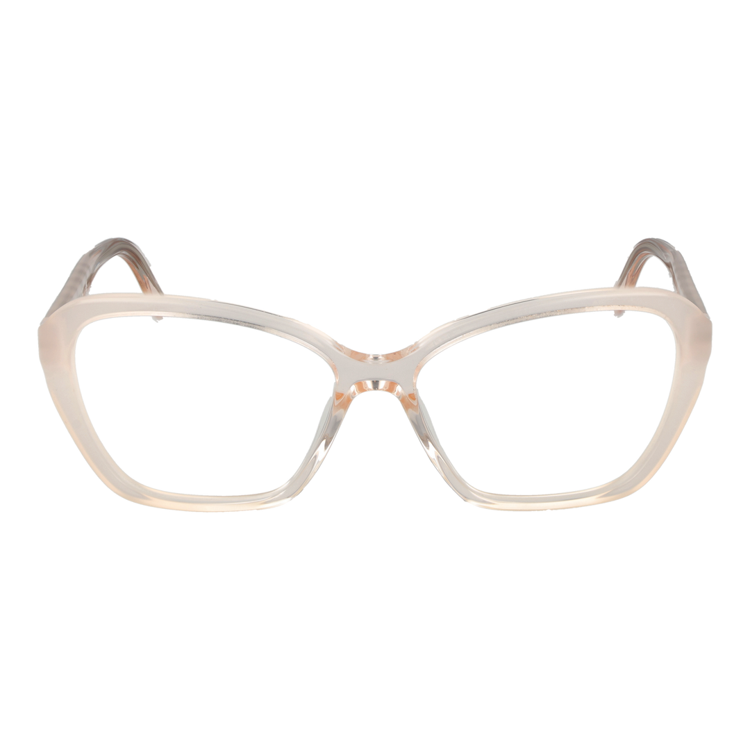 Translucent beige cat-eye eyeglasses in plastic with gold decorative symbols on temples