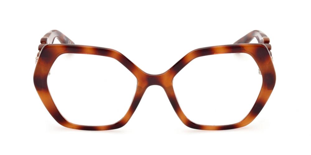 Tortoise brown hexagonal full-rim eyeglasses with chain-link gold-accent temples for Women