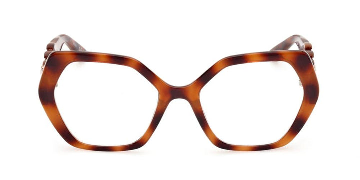 Tortoise brown hexagonal full-rim eyeglasses with chain-link gold-accent temples for Women