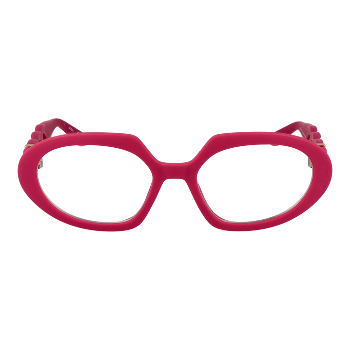 Pink plastic oval eyeglasses with chain-link temples and decorative metal rings on sides