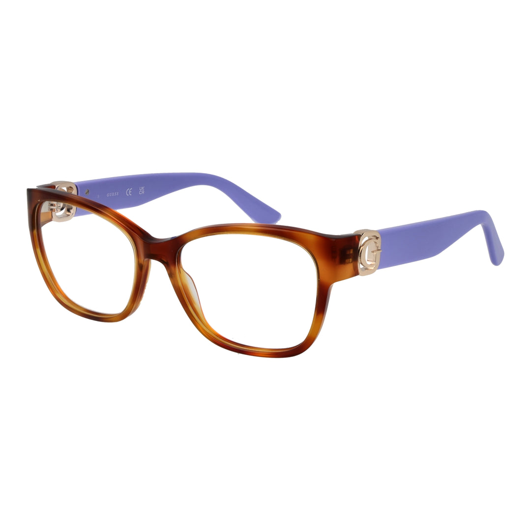 Brown rectangular full-rim eyeglasses with purple temples and gold logo on temple, modern women’s style