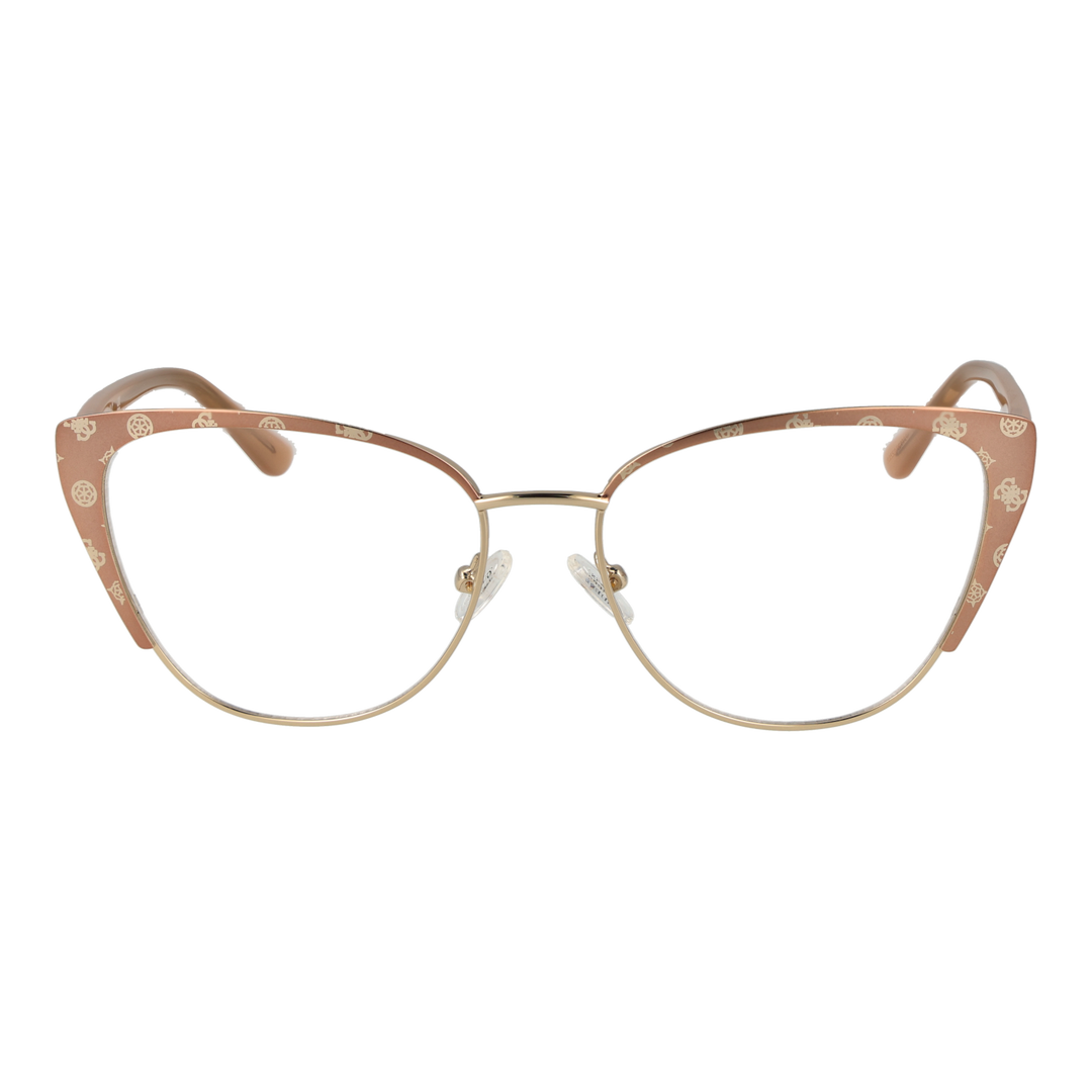 Brown patterned cat-eye eyeglasses with gold metal temples and clear nose pads for Women, front three-quarter view