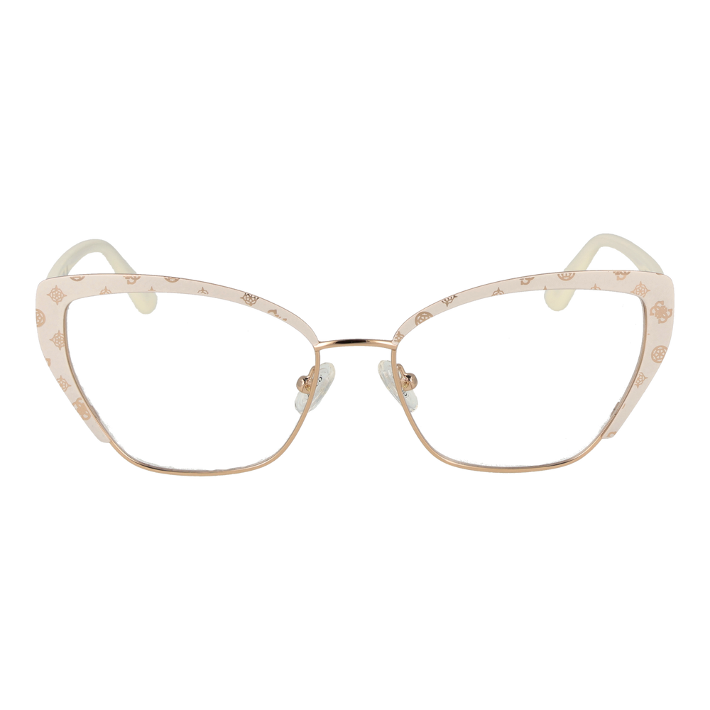 Beige patterned cat-eye eyeglasses with gold temples and contoured nose pads on white background