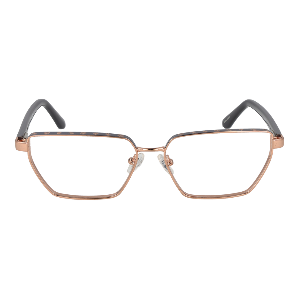 Rose gold thin metal rectangular eyeglasses with black temple tips and brand logo on temple on white background