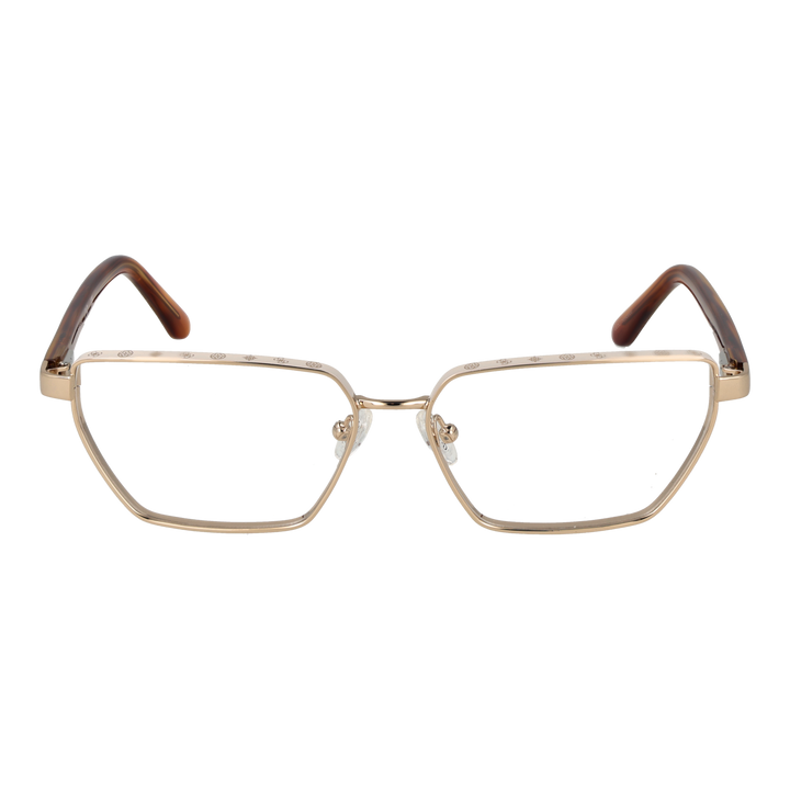Unisex gold metal geometric eyeglasses with rectangular brown lenses and decorative top-frame pattern, plastic temple tips