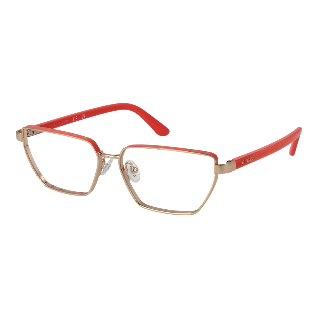 Gold metal rectangular eyeglasses for Women with plastic temple tips against white background