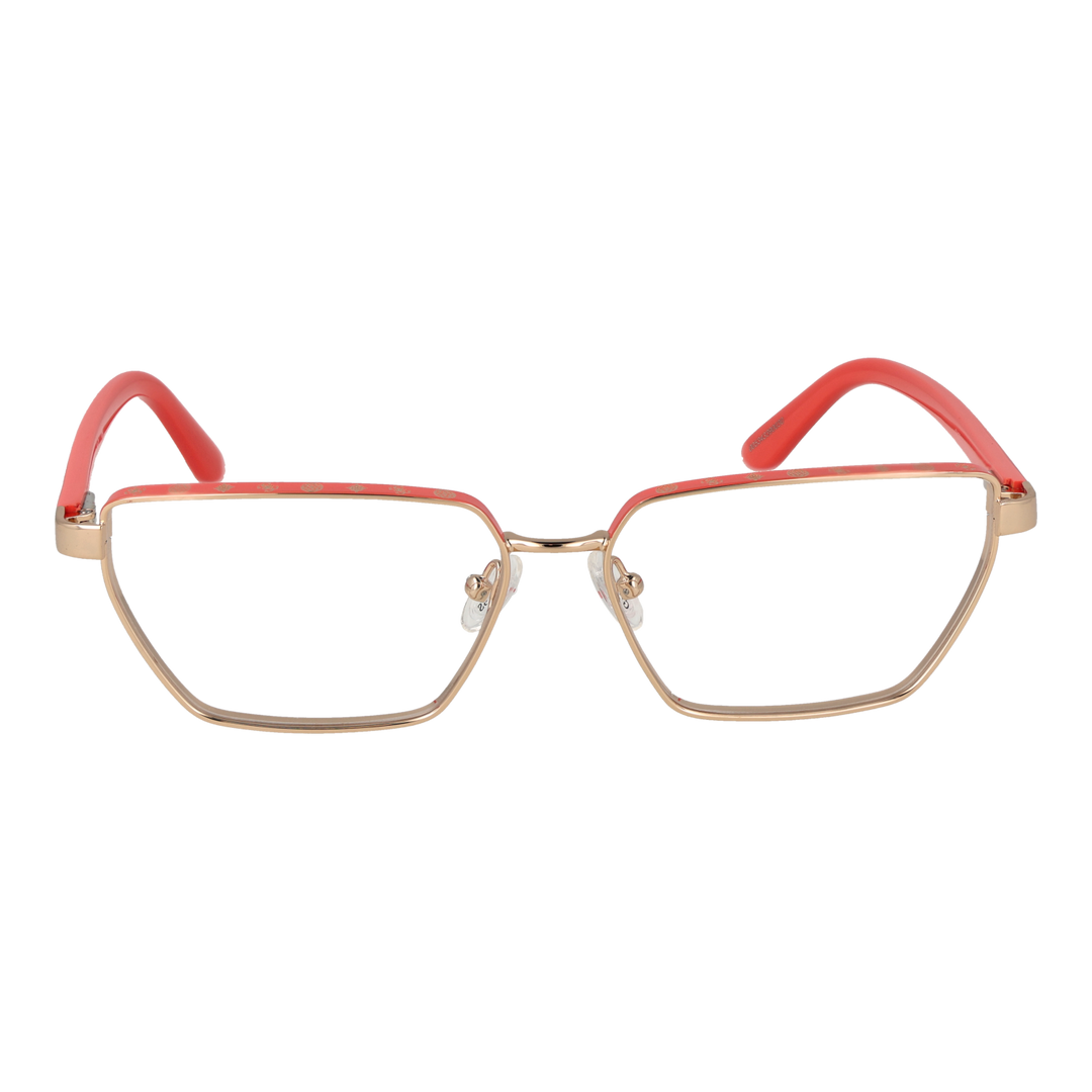 Gold metal rectangular eyeglasses for Women with plastic temple tips against white background