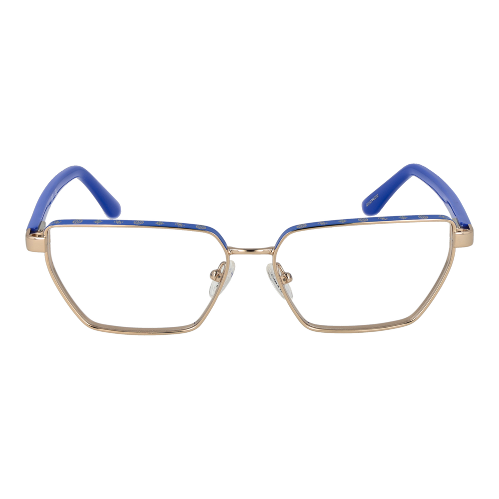 Blue-and-gold rectangular full-rim eyeglasses with adjustable nose pads and branded temples, front three-quarter view