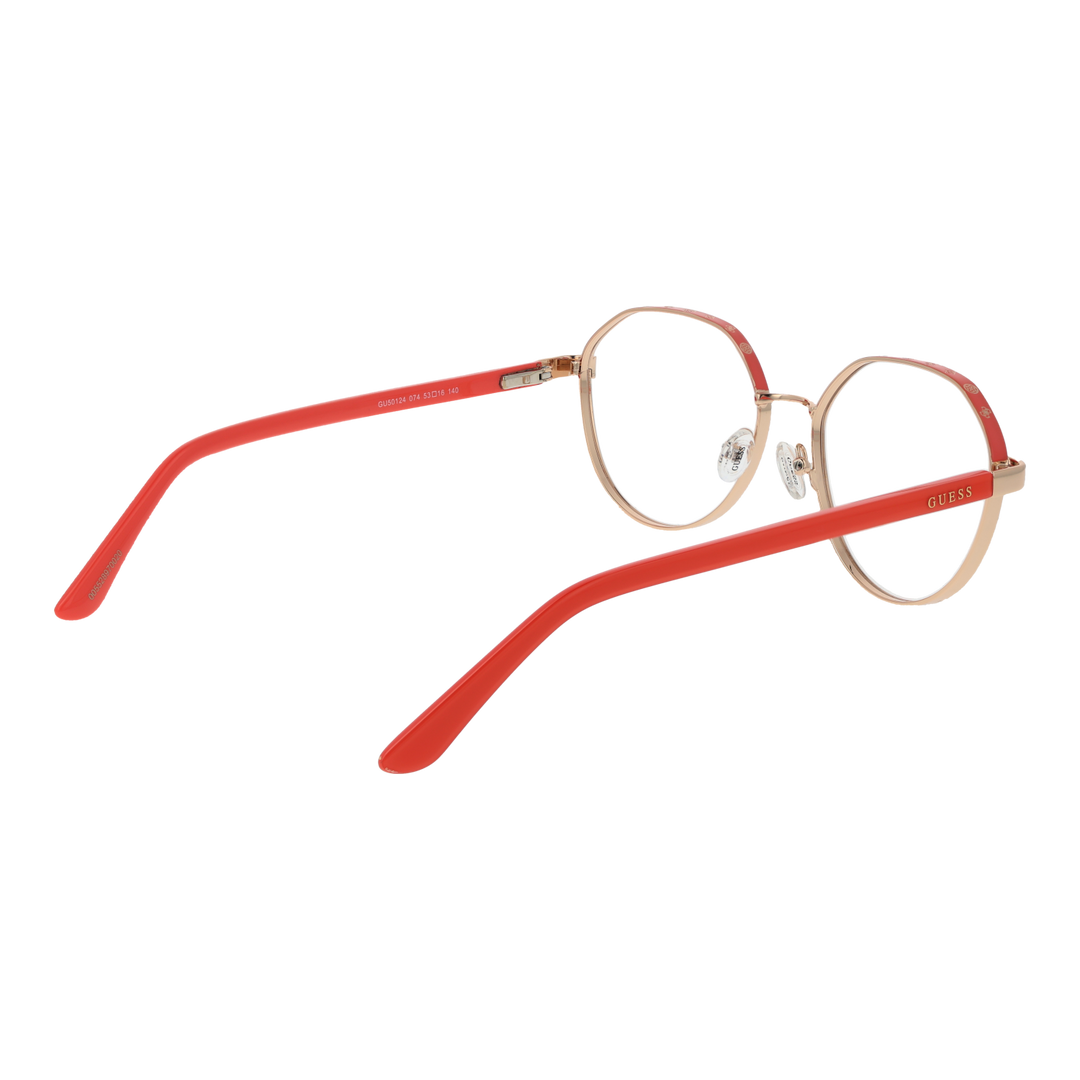 Gold metal round eyeglasses with red plastic temple tips, adjustable nose pads, modern slim frame for Women