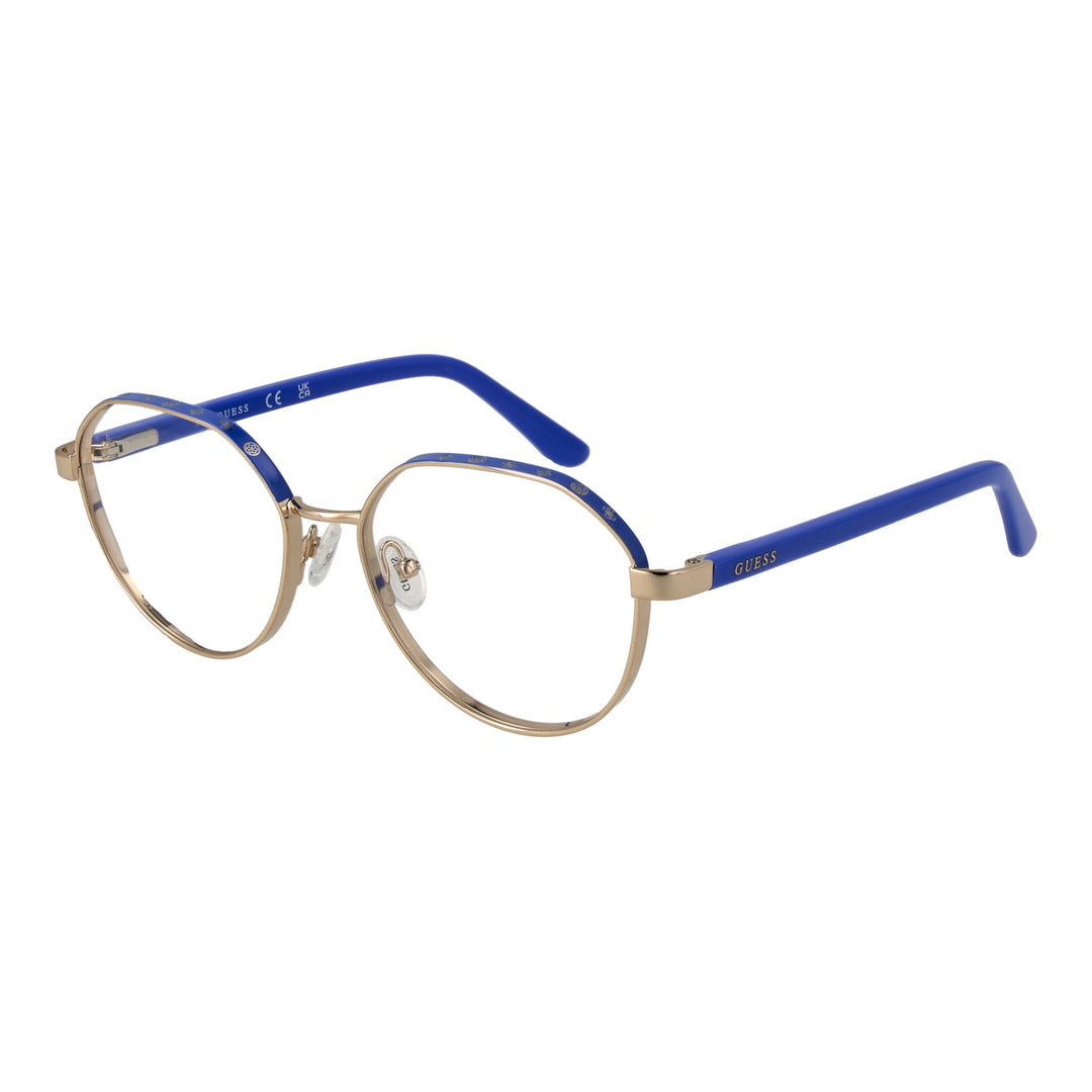Unisex gold metal round eyeglasses with blue lenses and decorative symbols on upper frame, plastic temple tips, nose pads