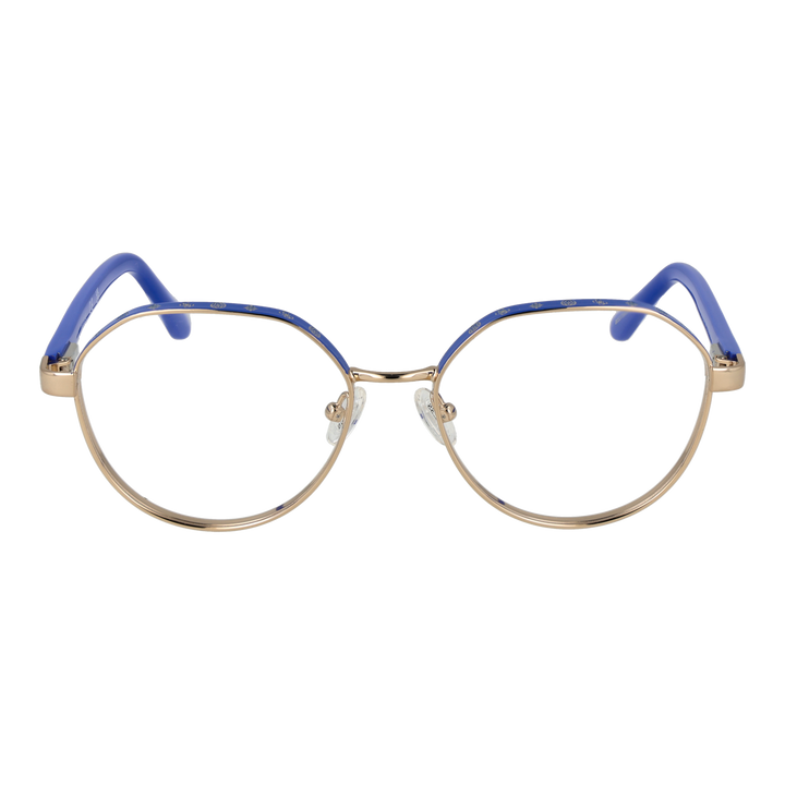 Unisex gold metal round eyeglasses with blue lenses and decorative symbols on upper frame, plastic temple tips, nose pads