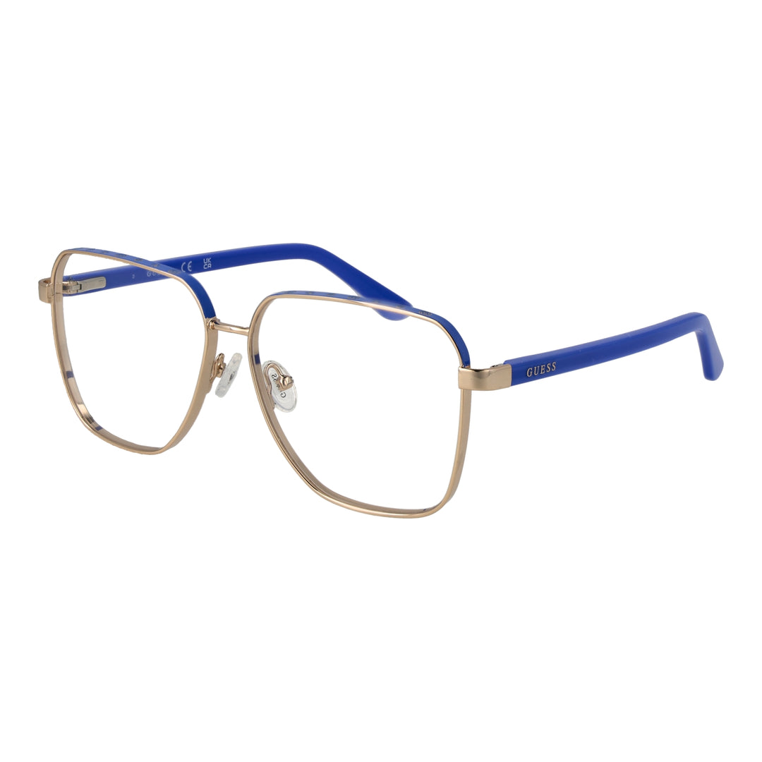 Unisex gold metal rectangular eyeglasses with blue lenses, adjustable nose pads and plastic temple tips
