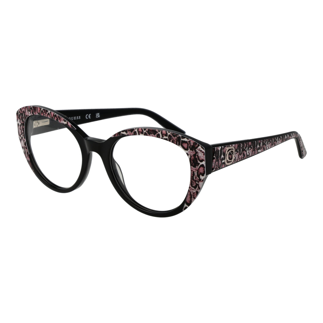 Black cat-eye eyeglasses with pink and white animal print and metallic temple logo for Women