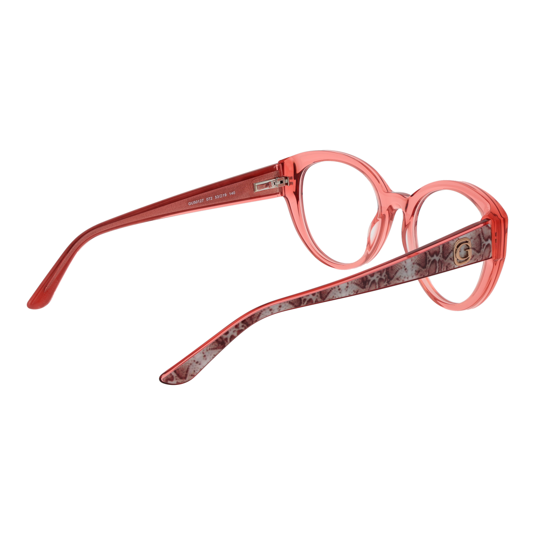 Transparent pink cat-eye eyeglasses with snake-skin patterned temples and small gold emblem