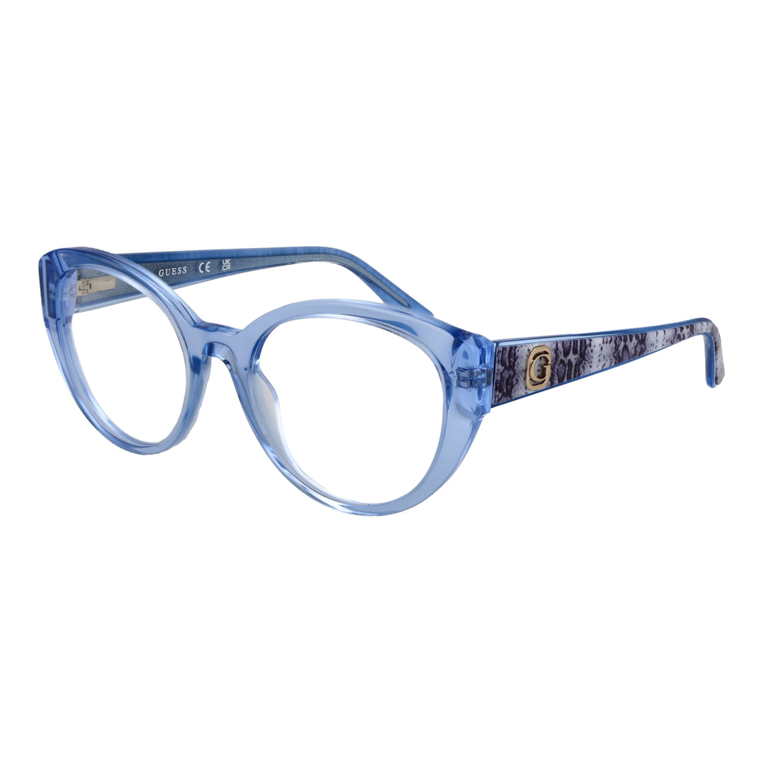 Light blue transparent round eyeglasses with patterned dark blue and white temples and gold G logo