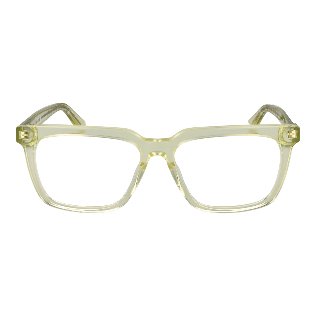 Unisex translucent yellow square eyeglasses in clear plastic with gold temple accents, shown front and side views