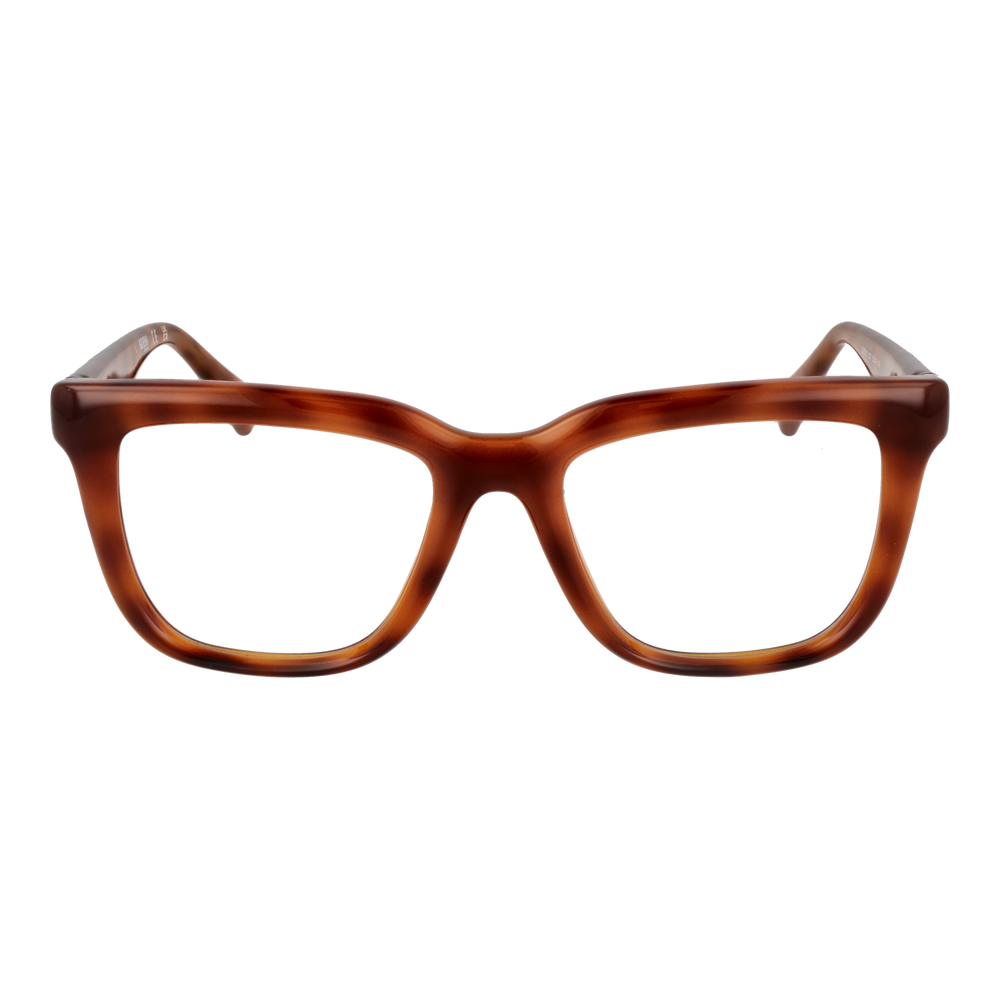 Brown tortoiseshell square eyeglasses with thick frame and patterned temples, front view on neutral background