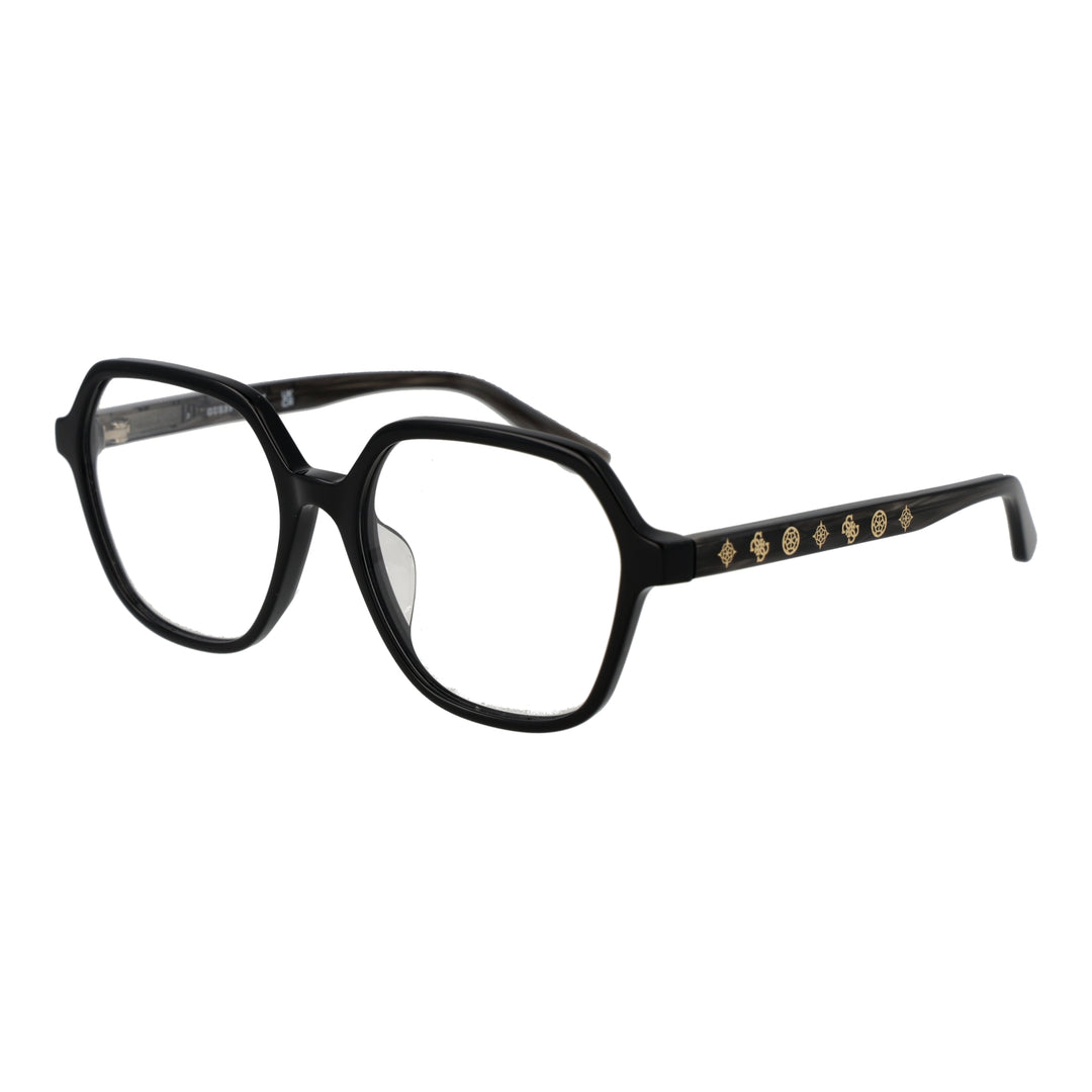 Unisex black geometric plastic eyeglasses with gold symbols on temples, modern angular frame visible from front