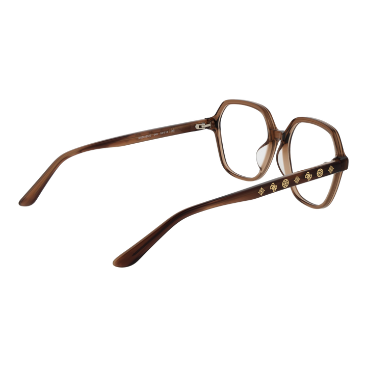 Brown geometric plastic eyeglasses with gold decorative temple symbols, clear lenses, retro-inspired shape