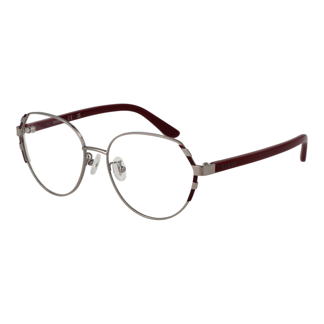 Unisex silver round eyeglasses with thin metal frame and dark red acetate temple tips, adjustable nose pads